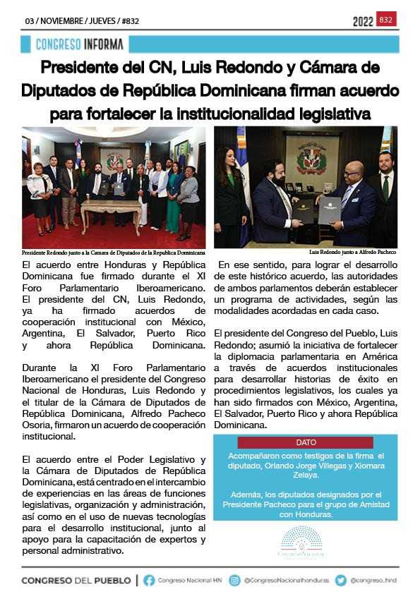 Presidente del CN, Luis Redondo y Cámara de Diputados de República Dominicana firman acuerdo para fortalecer la institucionalidad legislativa